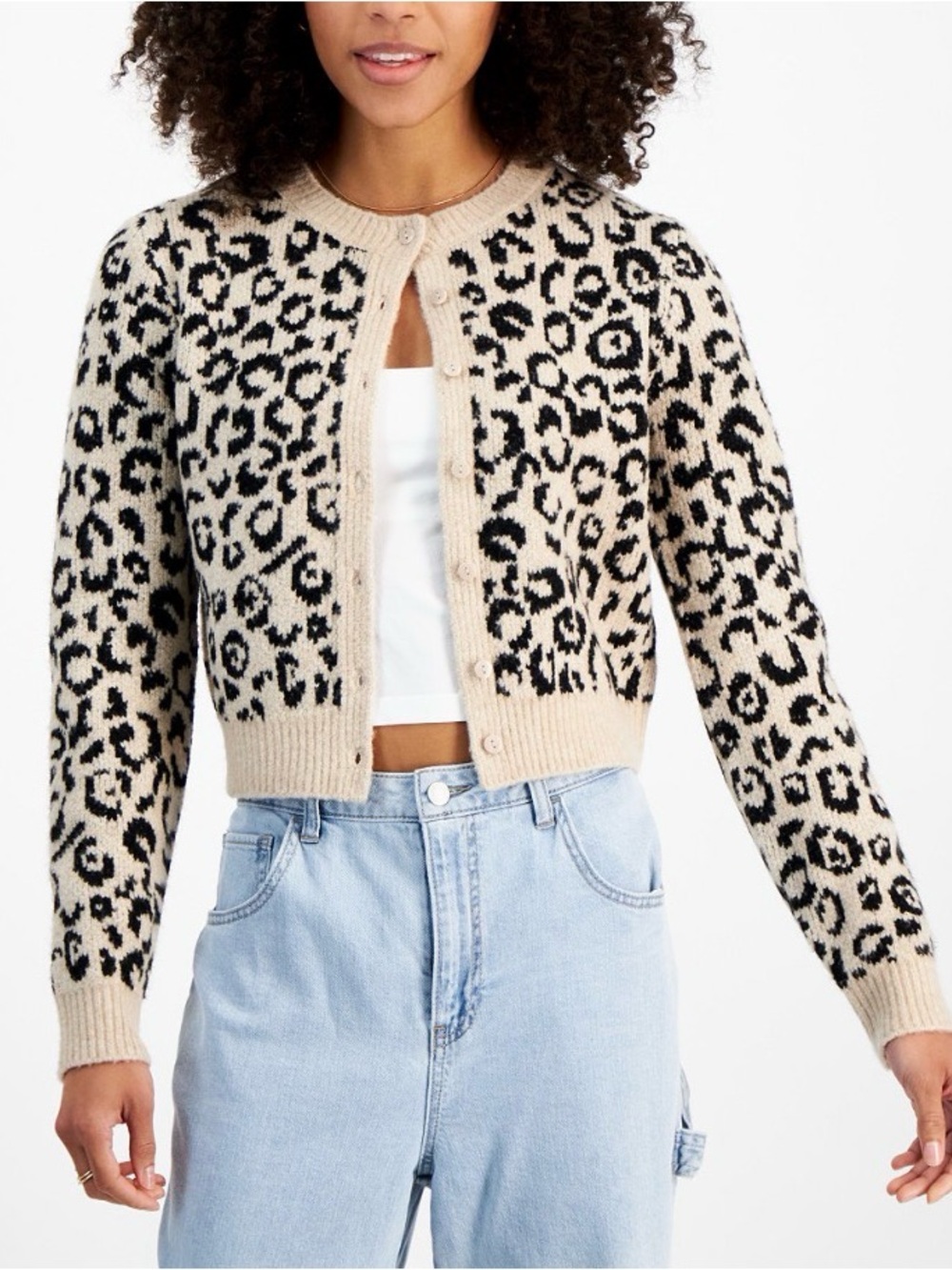 Madden Girl Leopard Print Cropped Cardigan Sweater